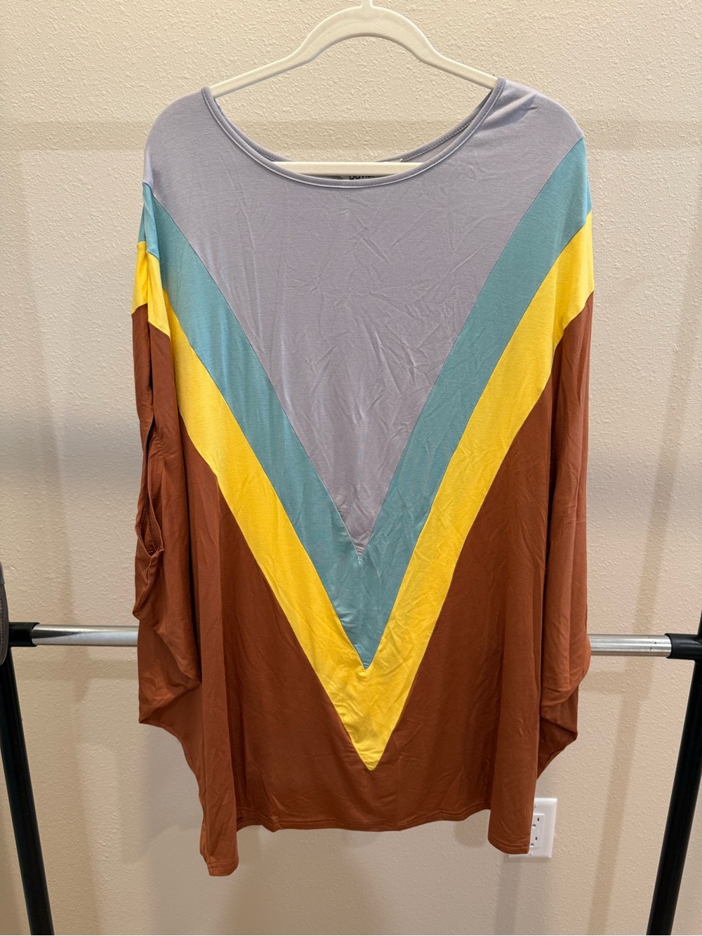DAVI & DANI Brown Tunic with Yellow, Teal, and Light Gray Chevron